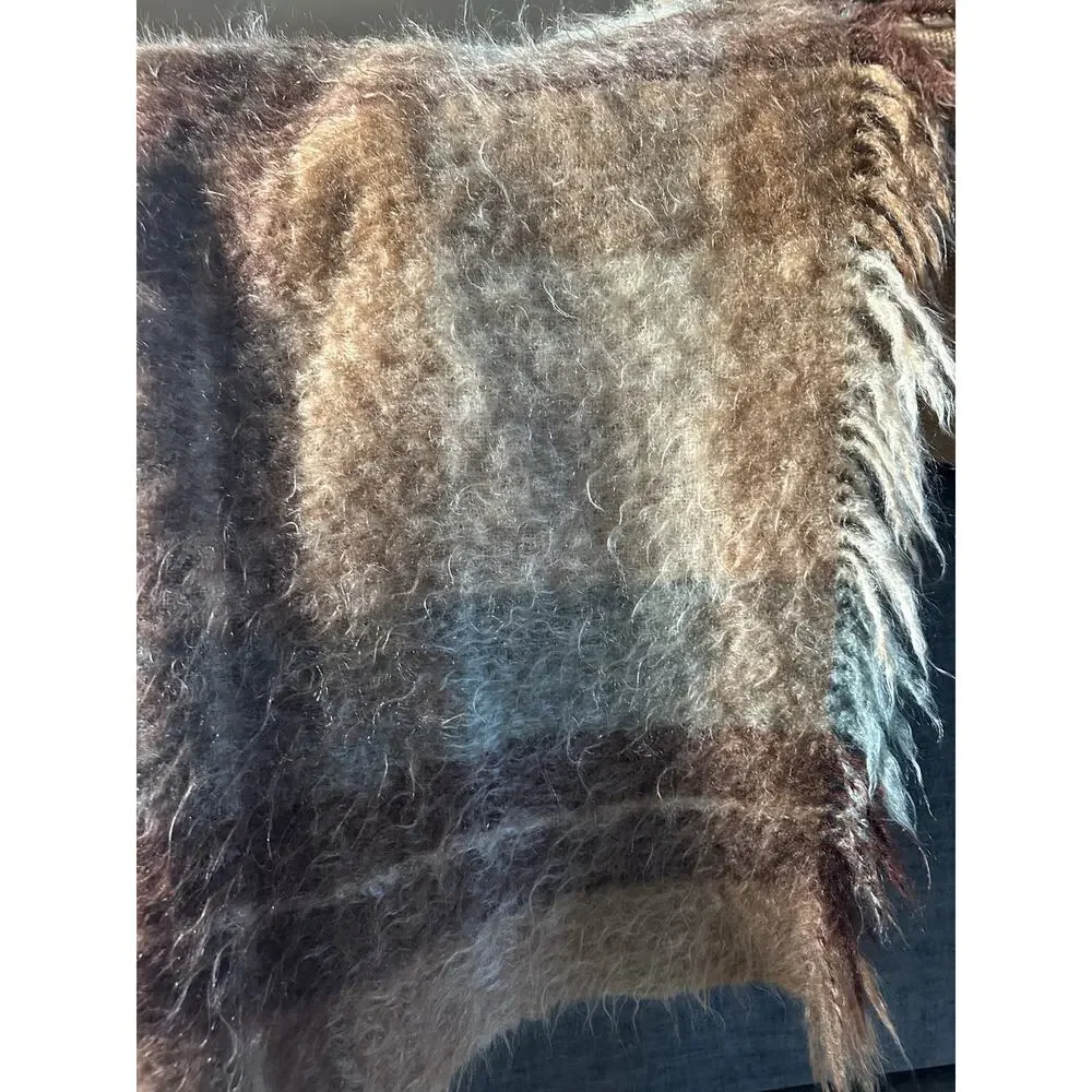 Vintage Mohair & Wool Throw plaid beige blue tan fringed fuzzy 52x36”